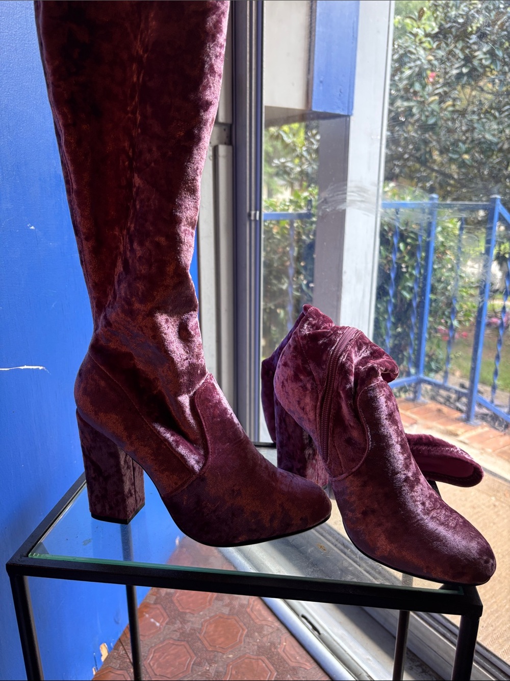 Velvet High Heel Knee Boots - Burgundy